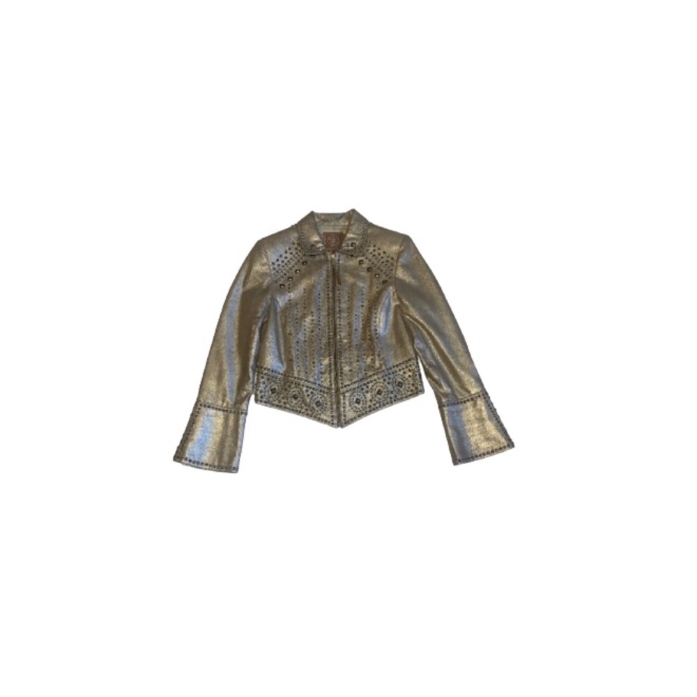 Double D Ranch Studded Gold Crackled Leather Jacket - Women’s Size XS